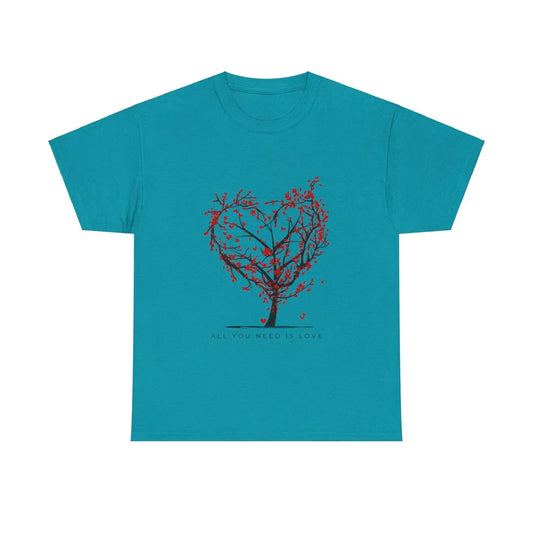 All You Need is Love Unisex Heavy Cotton Tee - Heart Tree Design, Ideal for Valentine's Day and Love Celebrations - Ormond Beach Boutique