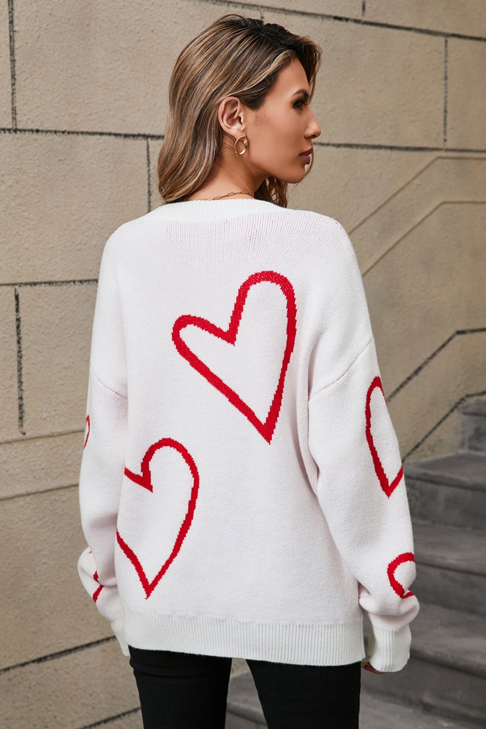 Angel Wings Heart Dropped Shoulder Long Sleeve Sweater - Ormond Beach Boutique