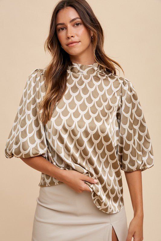 Annie Wear Tie Back Abstract Print Mock Neck Half Sleeve Blouse - Ormond Beach Boutique