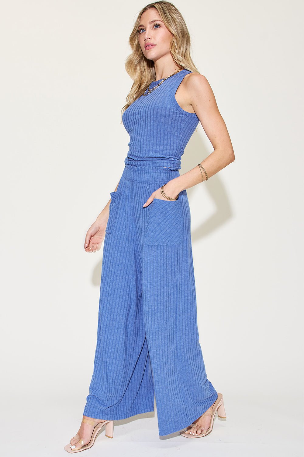 Basic Bae Full Size Ribbed Tank and Wide Leg Pants Set - Ormond Beach Boutique