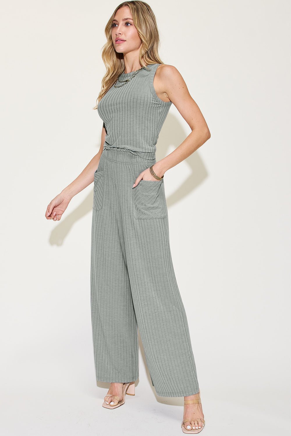 Basic Bae Full Size Ribbed Tank and Wide Leg Pants Set - Ormond Beach Boutique