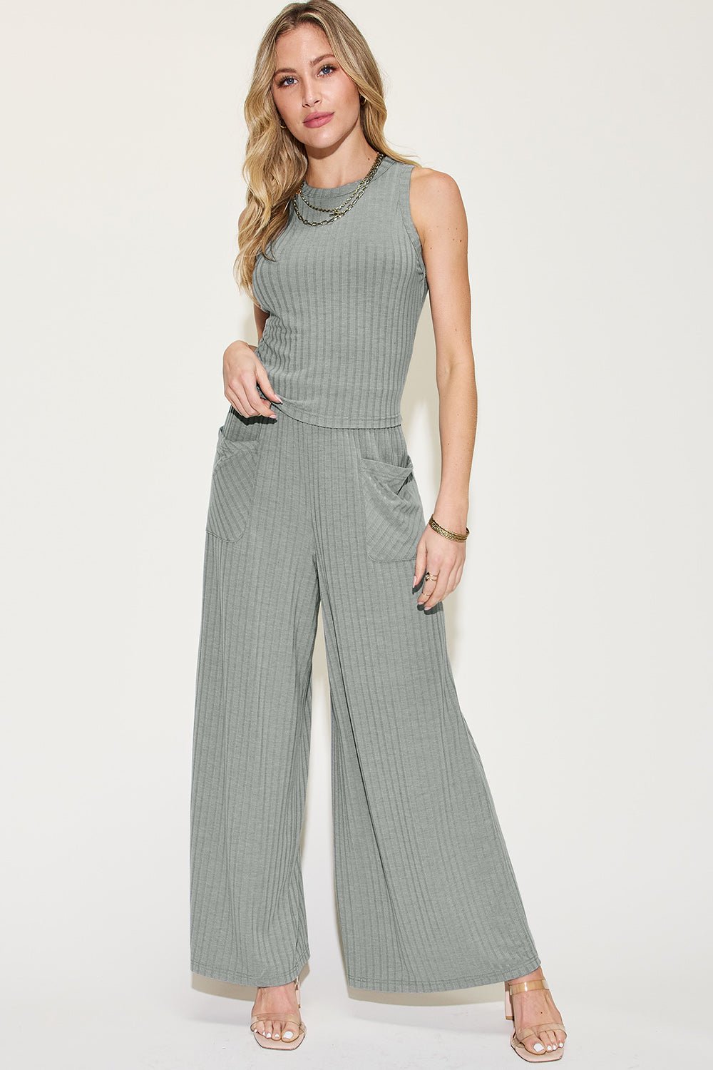 Basic Bae Full Size Ribbed Tank and Wide Leg Pants Set - Ormond Beach Boutique