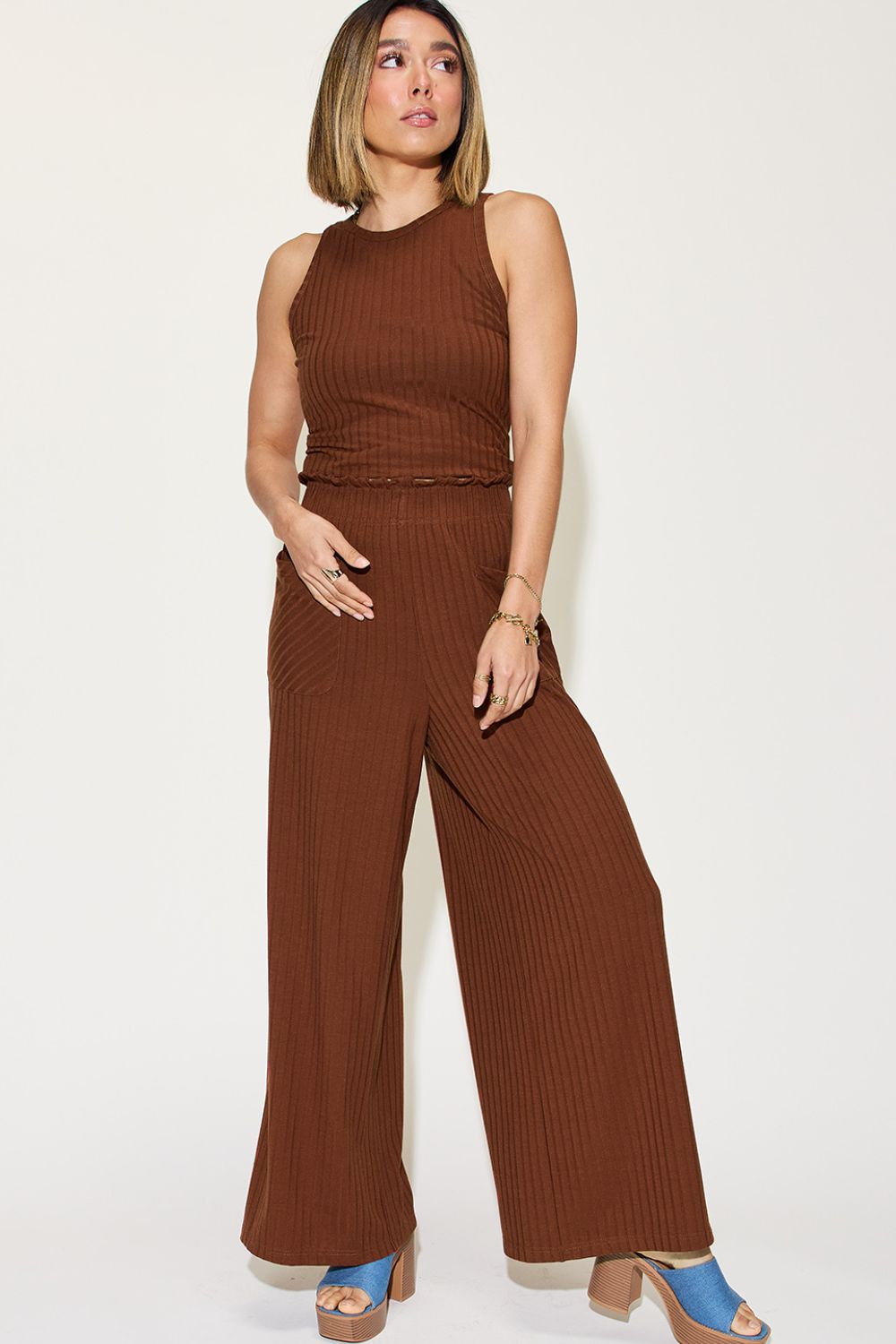 Basic Bae Full Size Ribbed Tank and Wide Leg Pants Set - Ormond Beach Boutique