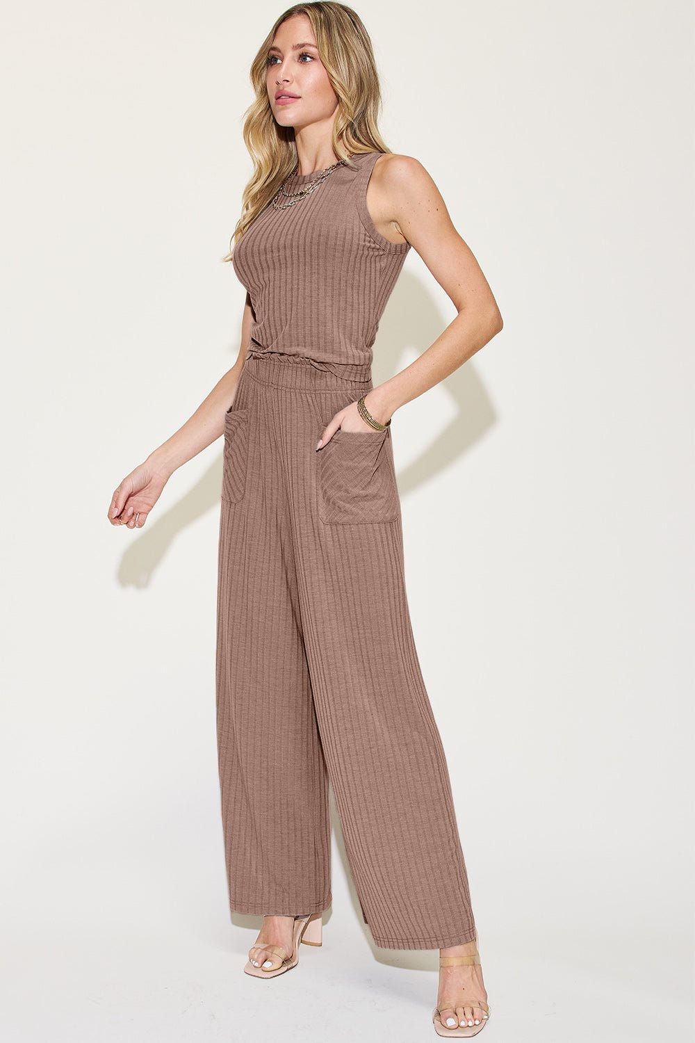 Basic Bae Full Size Ribbed Tank and Wide Leg Pants Set - Ormond Beach Boutique