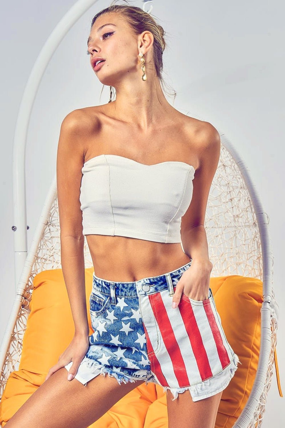 BiBi US Flag Theme Bleached Denim Shorts - Ormond Beach Boutique