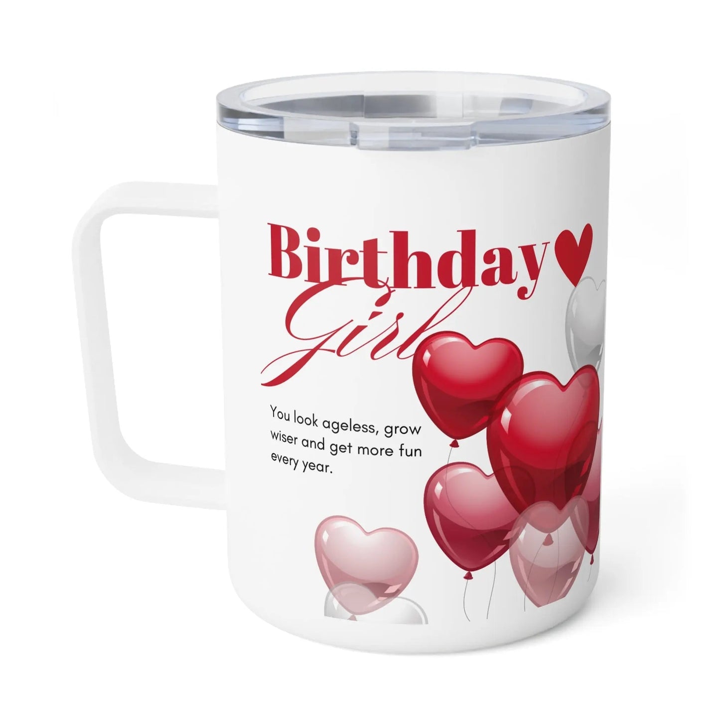 Birthday Celebration Insulated Coffee Mug - 10oz with Heart Balloons Design - Ormond Beach Boutique