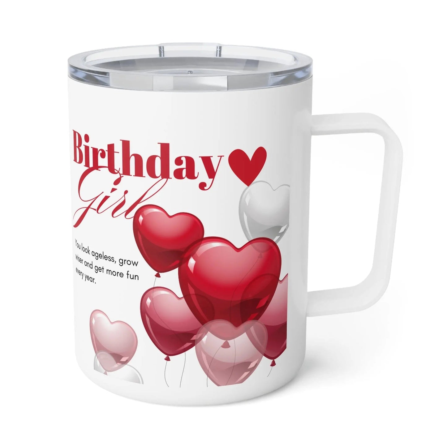 Birthday Celebration Insulated Coffee Mug - 10oz with Heart Balloons Design - Ormond Beach Boutique