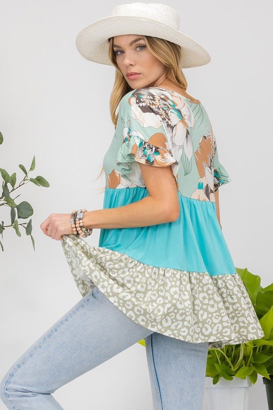 Celeste Printed Color Block Ruffled Short Sleeve Top - Ormond Beach BoutiqueTrendsiOrmond Beach Boutiquef66de694 - ea27 - 45b3 - ab23 - 53b21f9e5cb6 - Max100100437201624100100437201624Mint FloralS