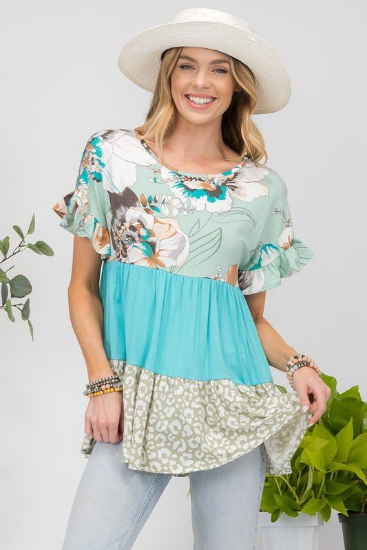 Celeste Printed Color Block Ruffled Short Sleeve Top - Ormond Beach BoutiqueTrendsiOrmond Beach Boutique67cac032 - 0d60 - 4529 - 82f8 - ef2144ca8909 - Max100100437201624100100437201624Mint FloralS