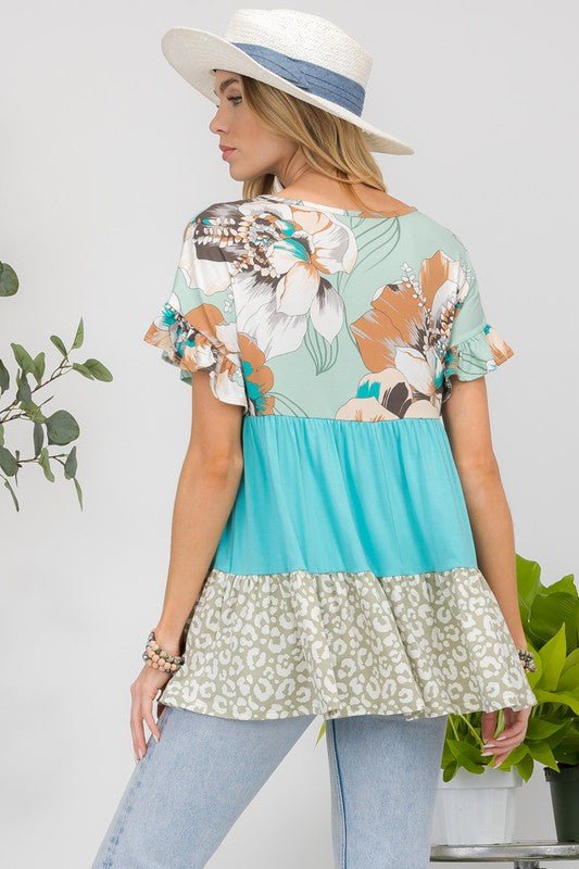 Celeste Printed Color Block Ruffled Short Sleeve Top - Ormond Beach BoutiqueTrendsiOrmond Beach Boutiquecb1885d6 - c34a - 4885 - 833a - 842da2152bb0 - Max100100437201624100100437201624Mint FloralS