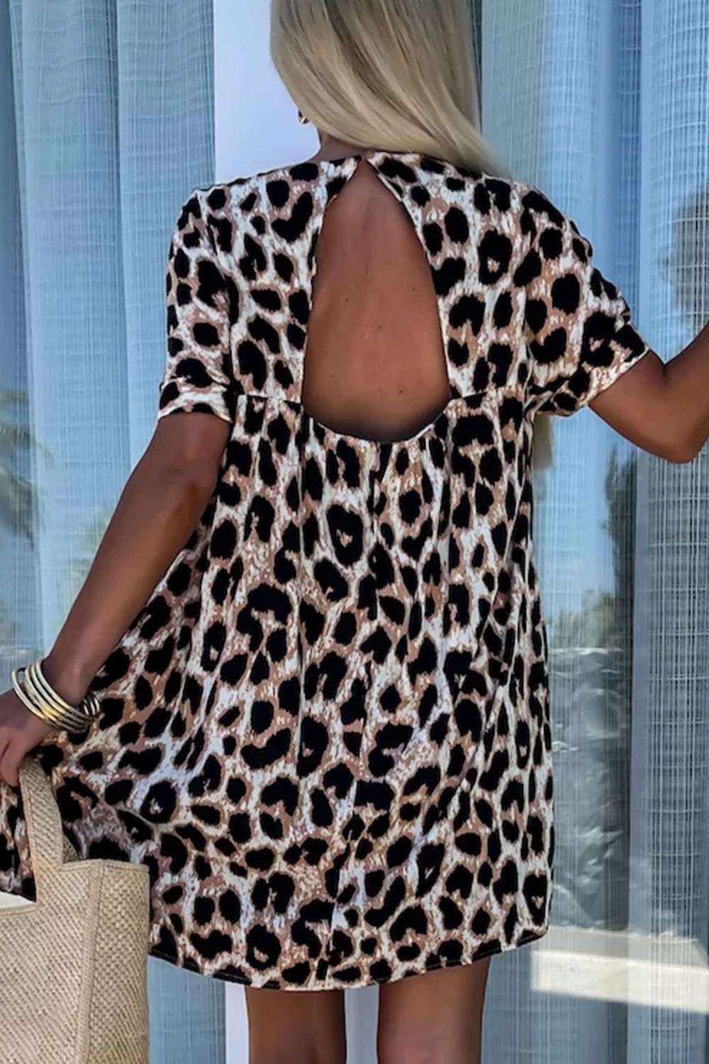 Cutout Back Leopard V - Neck Short Sleeve Mini Dress - Ormond Beach Boutique