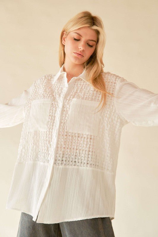 Davi & Dani Crinkled Jacquard Button Down Shirt - Ormond Beach Boutique