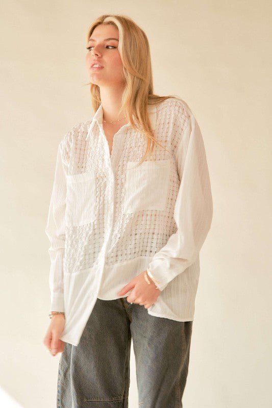 Davi & Dani Crinkled Jacquard Button Down Shirt - Ormond Beach Boutique