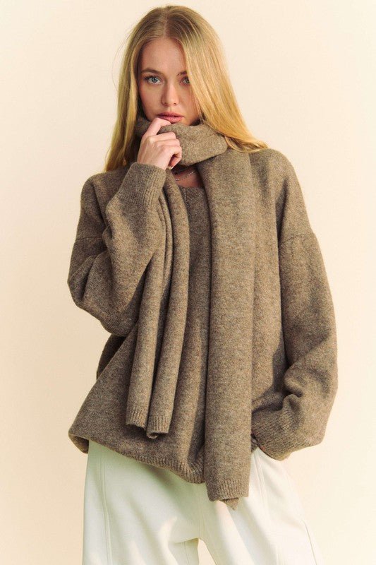 Davi & Dani V - Neck Dropped Shoulder Sweater with Scarf - Ormond Beach Boutique