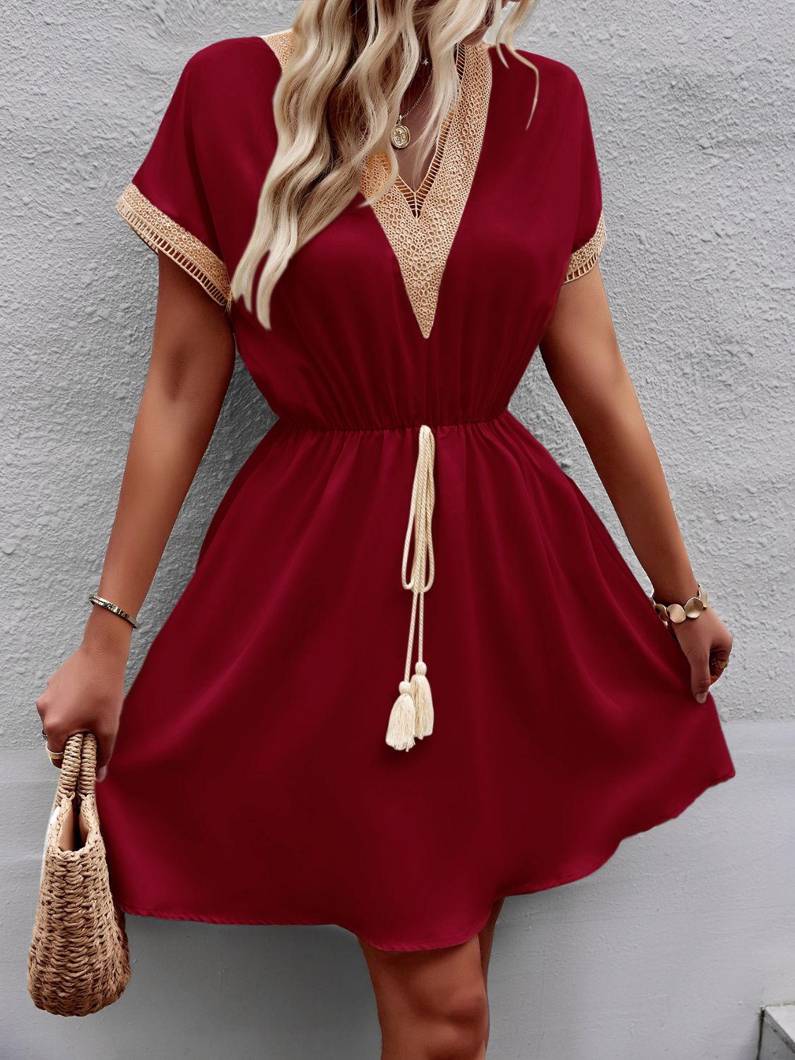 Devine Contrast Trim V - Neck Short Sleeve Mini Dress - Ormond Beach Boutique