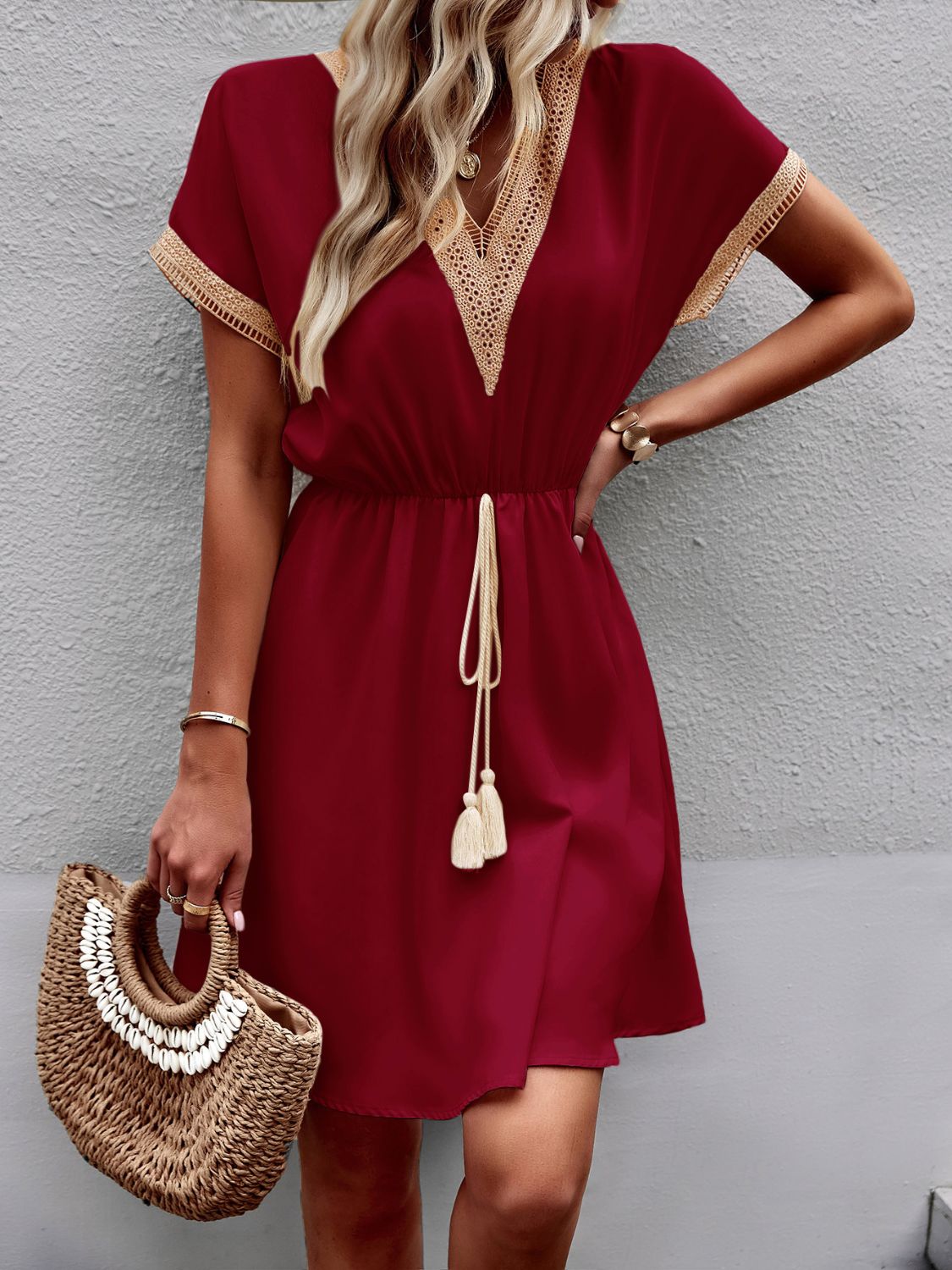 Devine Contrast Trim V - Neck Short Sleeve Mini Dress - Ormond Beach Boutique