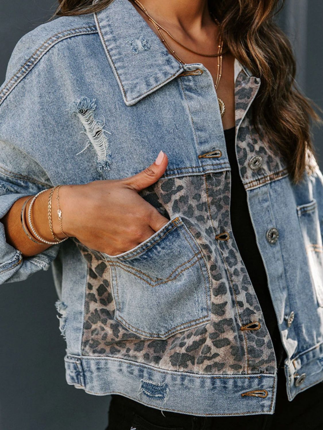 Distressed Leopard Drop Shoulder Denim Jacket - Ormond Beach Boutique