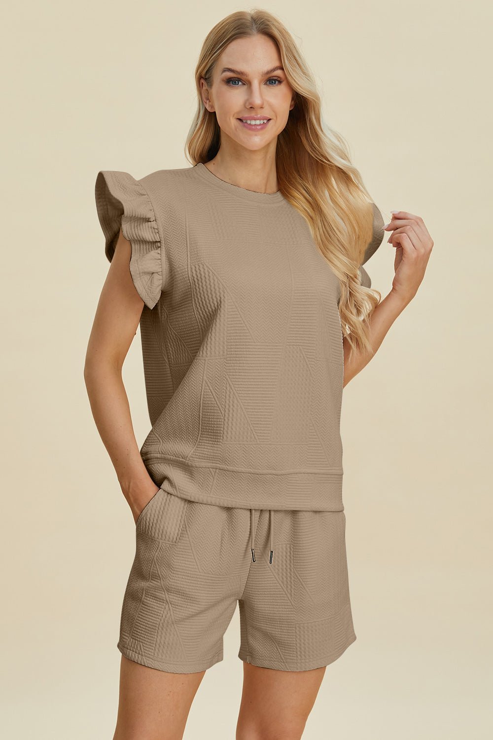 Double Take Full Size Texture Round Neck Ruffle Sleeve Top and Shorts Set - Ormond Beach BoutiqueTrendsiOrmond Beach Boutiquee8010d9f - 7e52 - 4bee - be6b - 600e1523291e - Max100100091282507100100091282507KhakiS