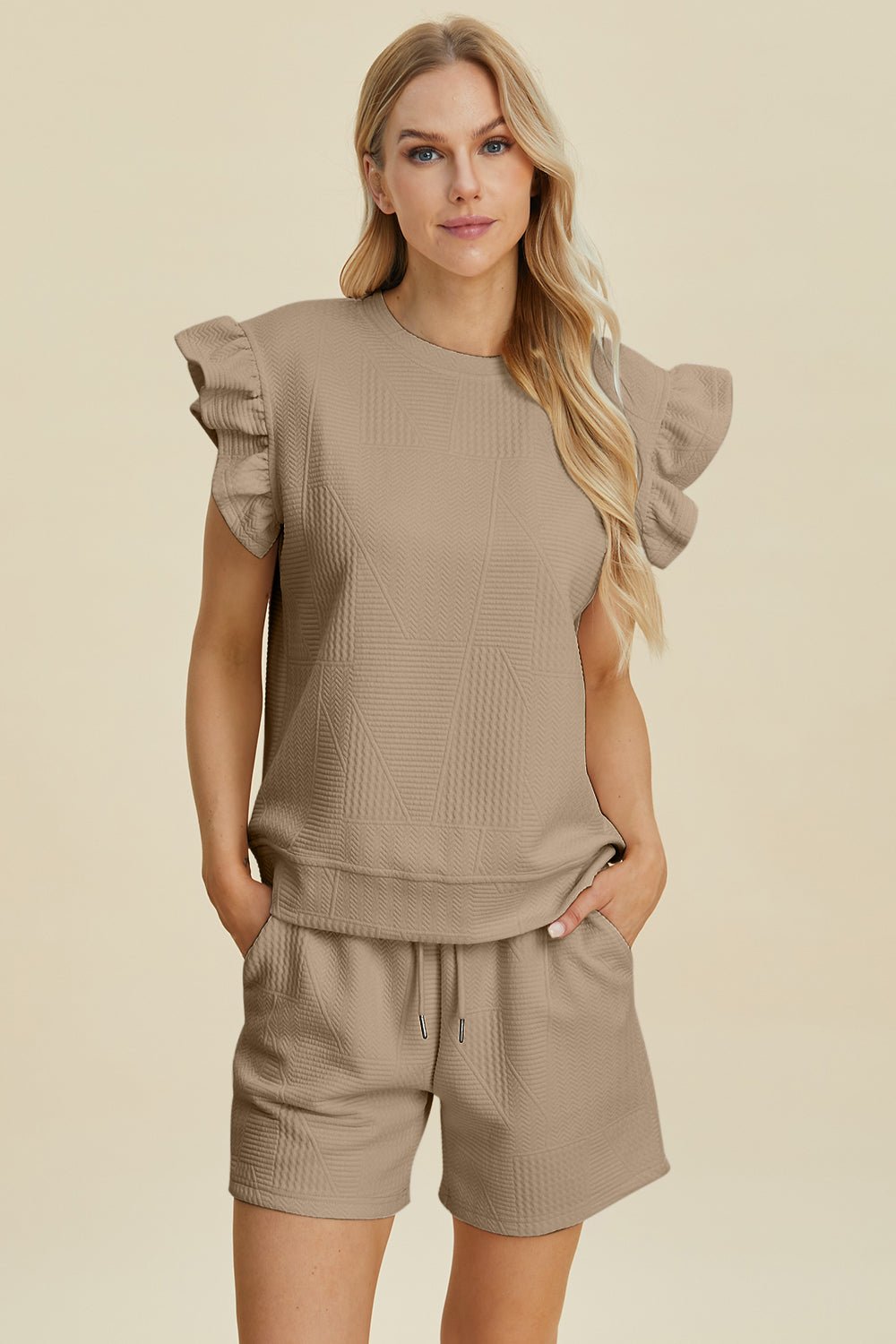 Double Take Full Size Texture Round Neck Ruffle Sleeve Top and Shorts Set - Ormond Beach BoutiqueTrendsiOrmond Beach Boutique069e555a - f400 - 4f0b - b586 - e251a7fcedbd - Max100100091282507100100091282507KhakiS