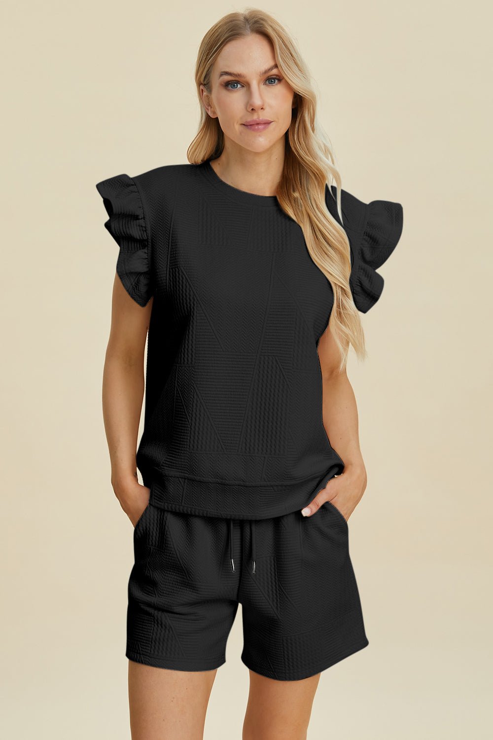 Double Take Full Size Texture Round Neck Ruffle Sleeve Top and Shorts Set - Ormond Beach BoutiqueTrendsiOrmond Beach Boutiqued3db7288 - 3ee6 - 4d3a - bb07 - d2e68c2f2f18 - Max100100091281363100100091281363BlackS