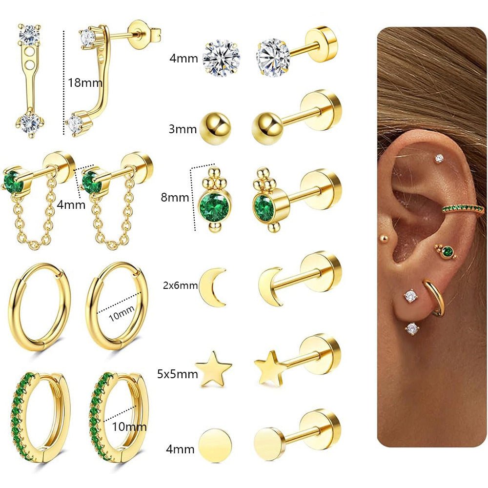 Ear Clip Earrings Real Gold Plating Green Zircon Five - pointed Star Personality - Ormond Beach Boutique