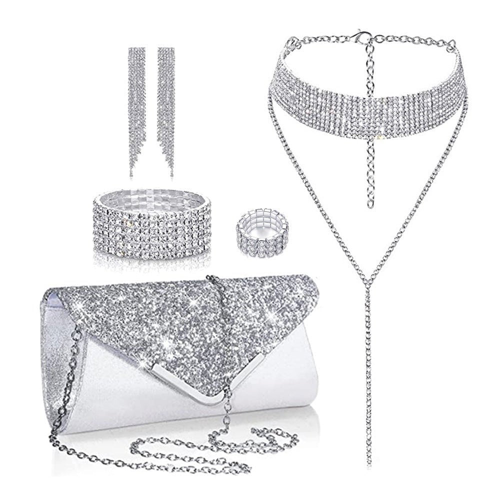 European And American Full Diamond Banquet Package Tassel Bracelet Earrings Necklace Set - Ormond Beach Boutique