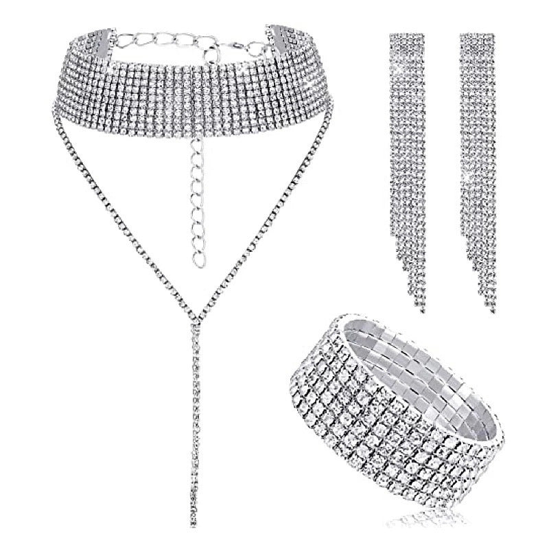 European And American Full Diamond Banquet Package Tassel Bracelet Earrings Necklace Set - Ormond Beach Boutique