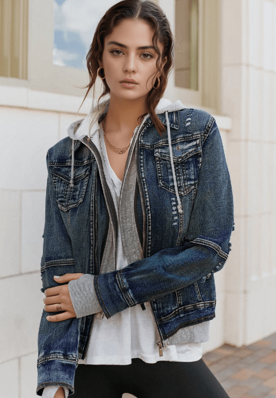 Fake Two - Piece Hooded Zip - Up Denim Jacket - Ormond Beach Boutique