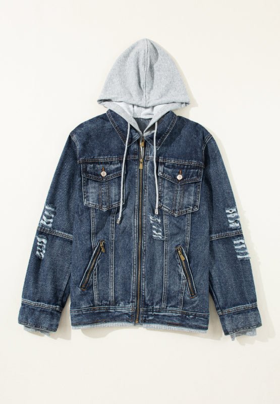 Fake Two - Piece Hooded Zip - Up Denim Jacket - Ormond Beach Boutique