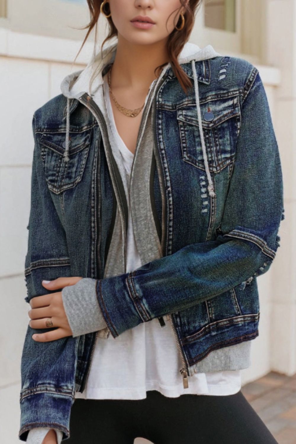 Fake Two - Piece Hooded Zip - Up Denim Jacket - Ormond Beach Boutique