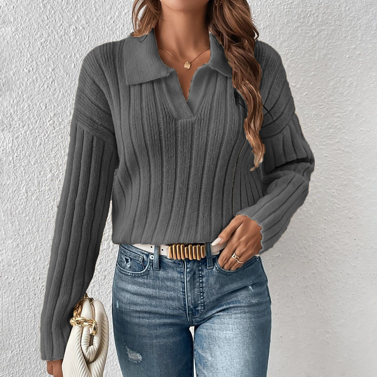 Fashion Casual Polo Collar Sweater For Women - Ormond Beach Boutique