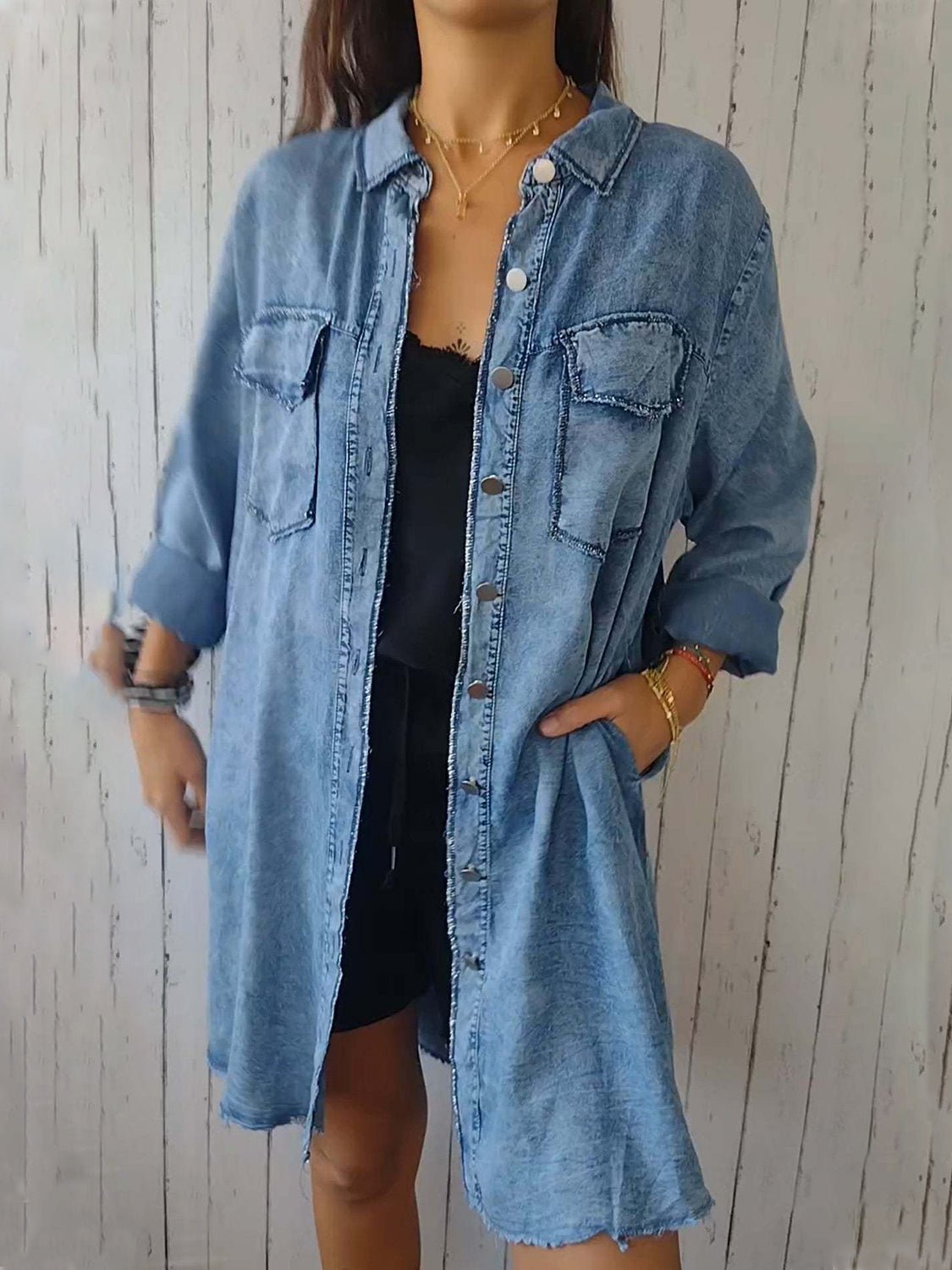 Full Size Raw Hem Button Up Long Sleeve Denim Top Plus Size - Ormond Beach Boutique