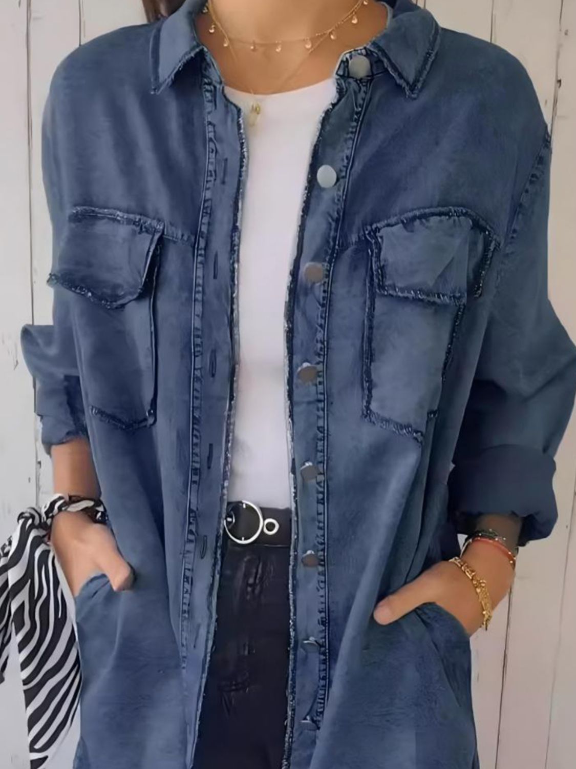 Full Size Raw Hem Button Up Long Sleeve Denim Top Plus Size - Ormond Beach Boutique