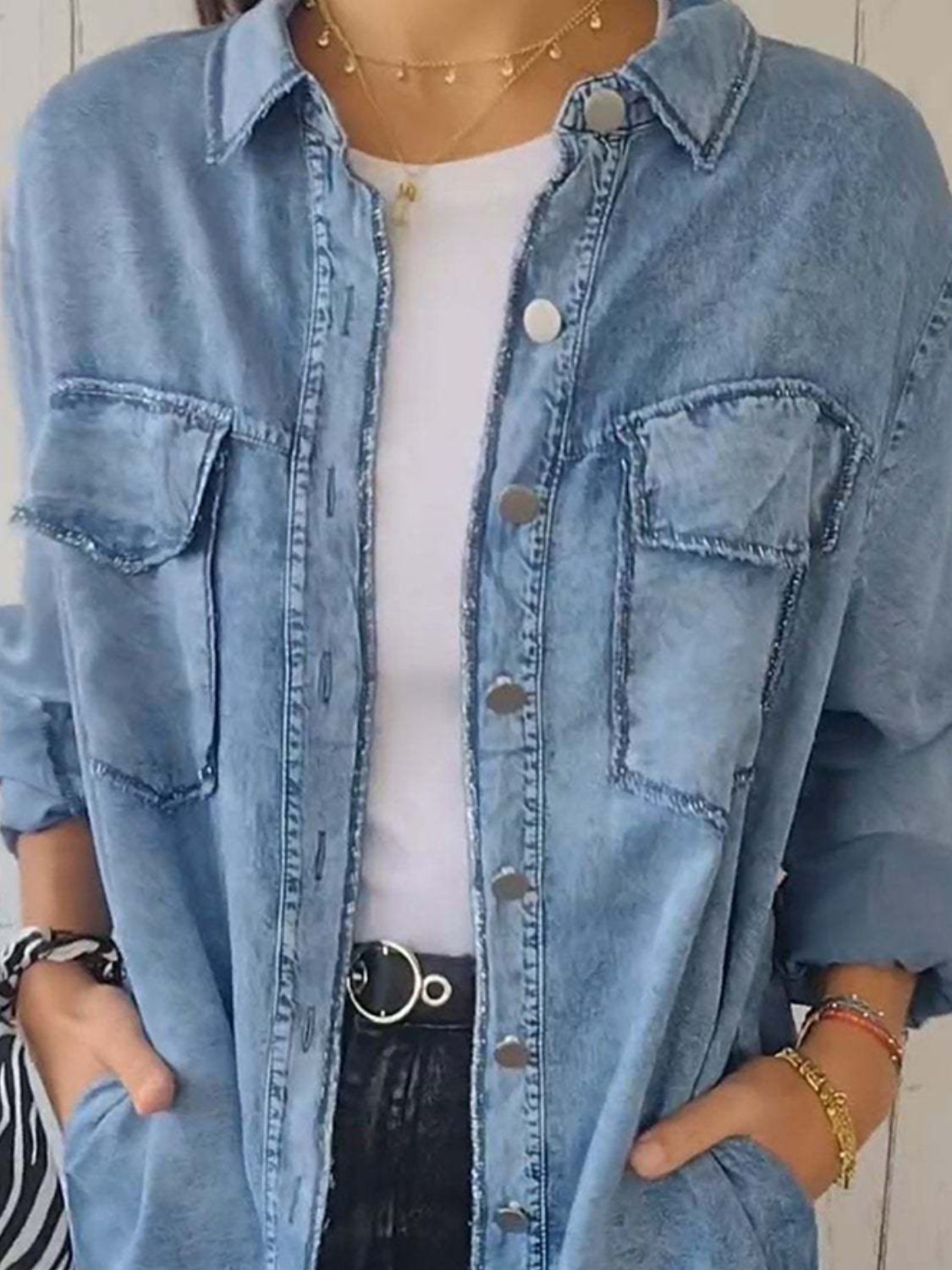 Full Size Raw Hem Button Up Long Sleeve Denim Top Plus Size - Ormond Beach Boutique