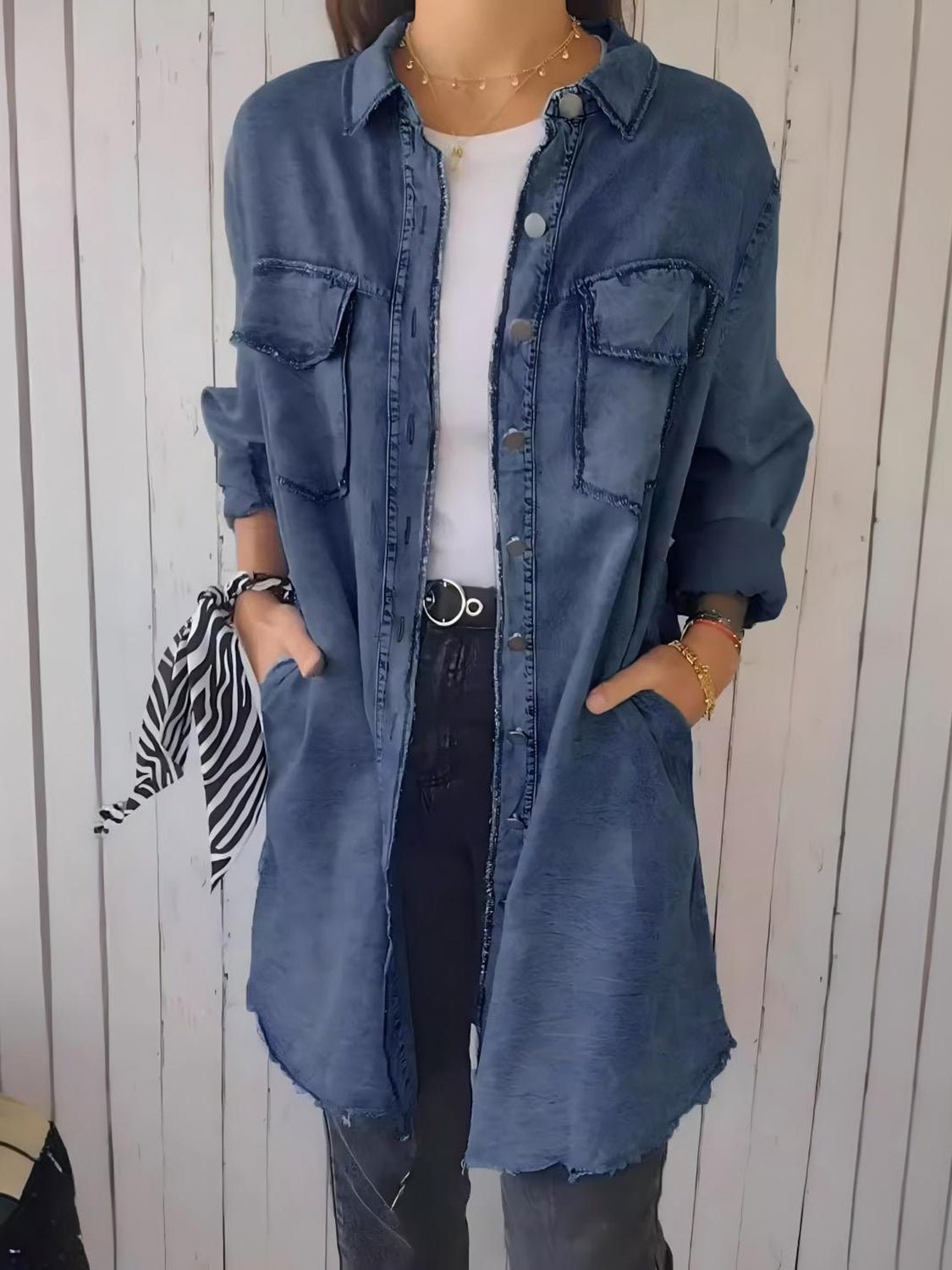 Full Size Raw Hem Button Up Long Sleeve Denim Top Plus Size - Ormond Beach Boutique