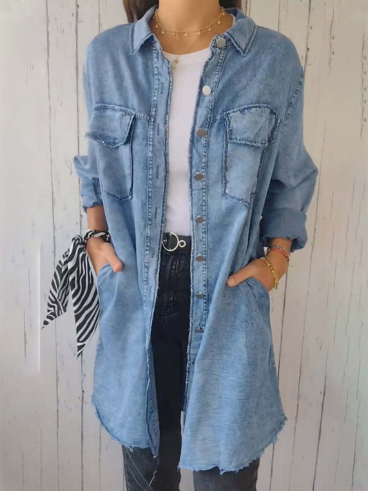 Full Size Raw Hem Button Up Long Sleeve Denim Top Plus Size - Ormond Beach Boutique