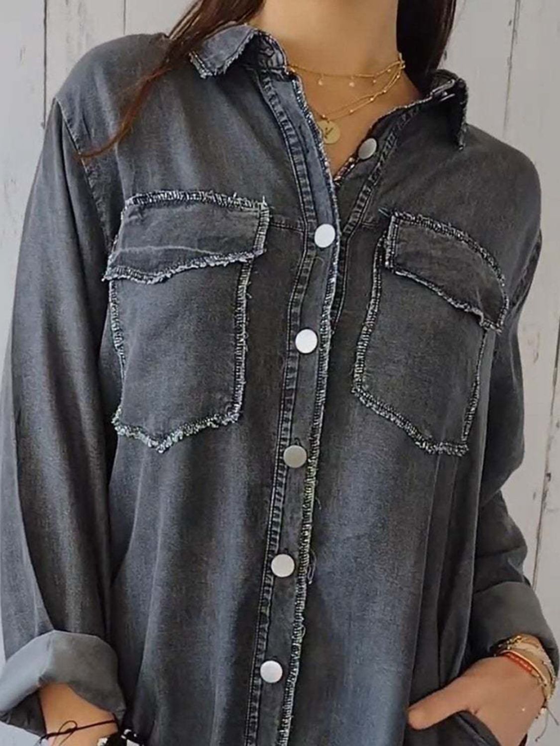 Full Size Raw Hem Button Up Long Sleeve Denim Top Plus Size - Ormond Beach Boutique