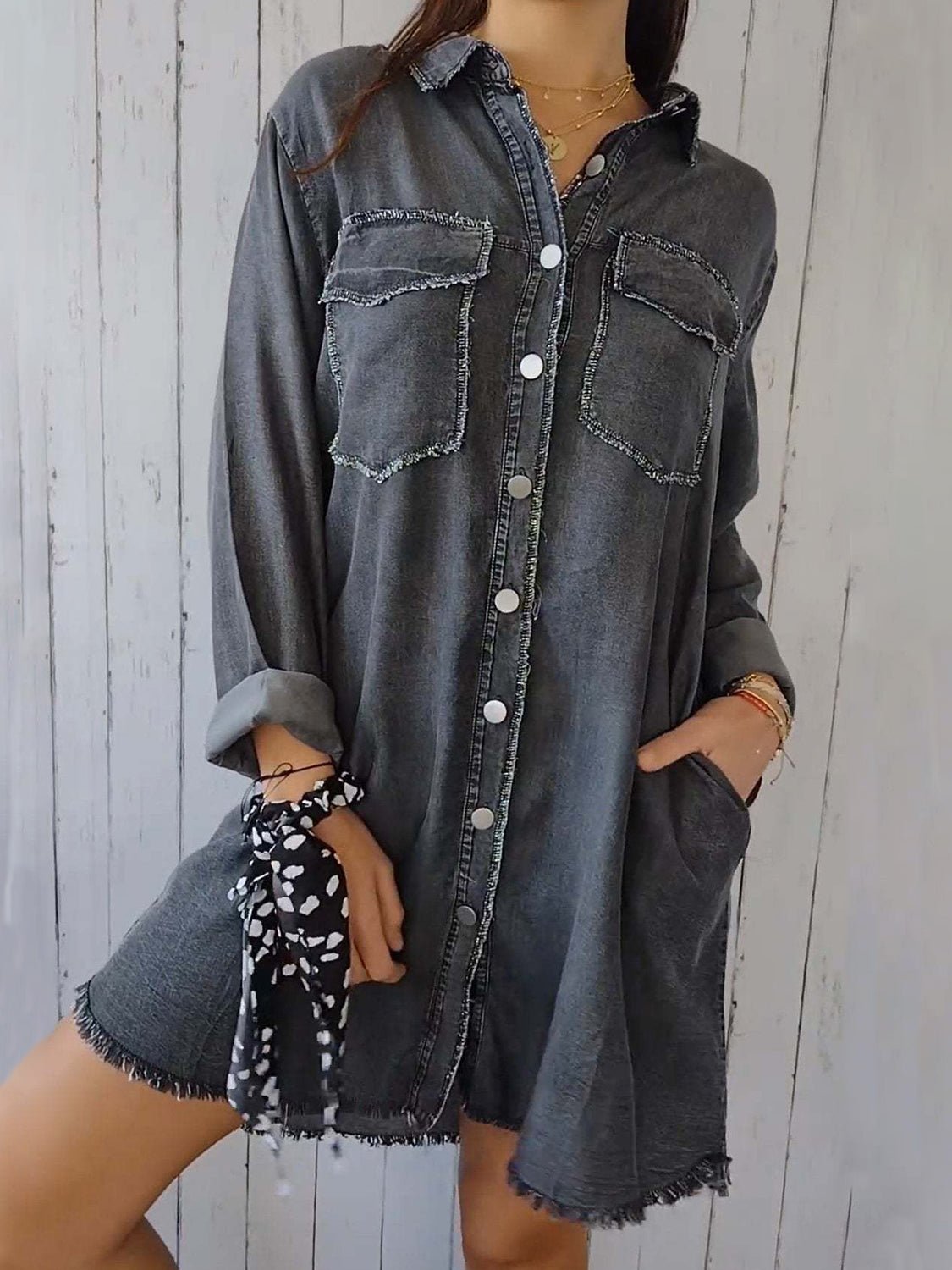 Full Size Raw Hem Button Up Long Sleeve Denim Top Plus Size - Ormond Beach Boutique