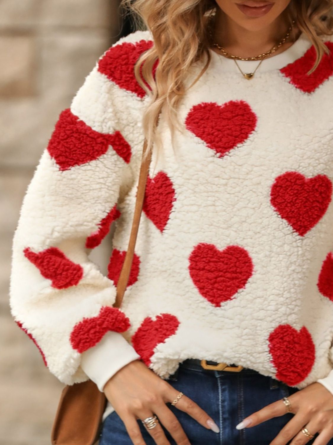 Fuzzy Heart Dropped Shoulder Sweatshirt - Ormond Beach Boutique