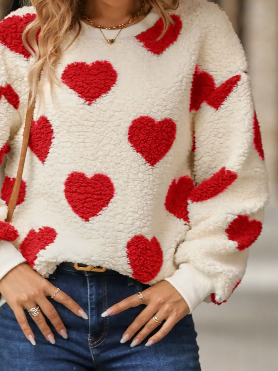 Fuzzy Heart Dropped Shoulder Sweatshirt - Ormond Beach Boutique