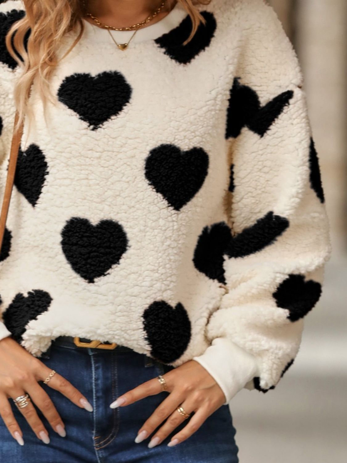 Fuzzy Heart Dropped Shoulder Sweatshirt - Ormond Beach Boutique