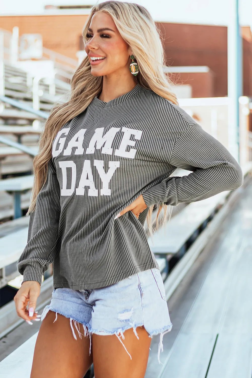 GAME DAY Striped Round Neck Long Sleeve Top - Ormond Beach Boutique