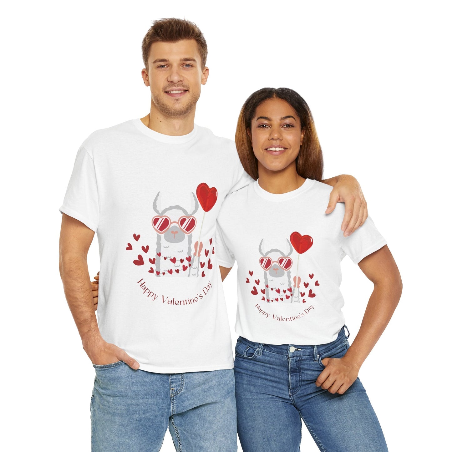 Happy Valentine's Day Unisex Heavy Cotton Tee with Cute Alpaca Design - Ormond Beach Boutique