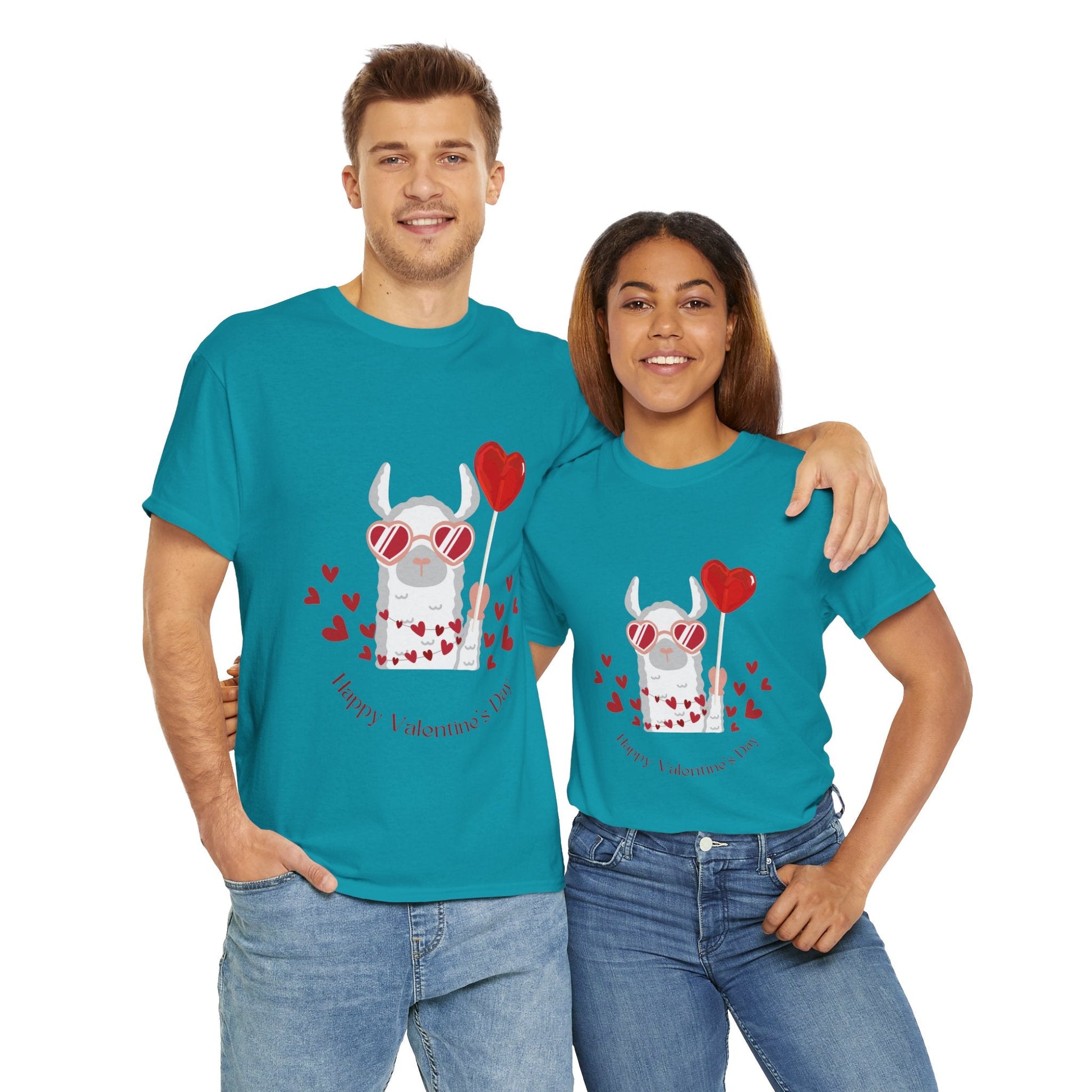 Happy Valentine's Day Unisex Heavy Cotton Tee with Cute Alpaca Design - Ormond Beach Boutique