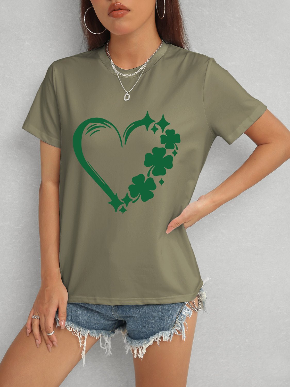 Heart Lucky Clover Round Neck Short Sleeve T-Shirt - Ormond Beach Boutique