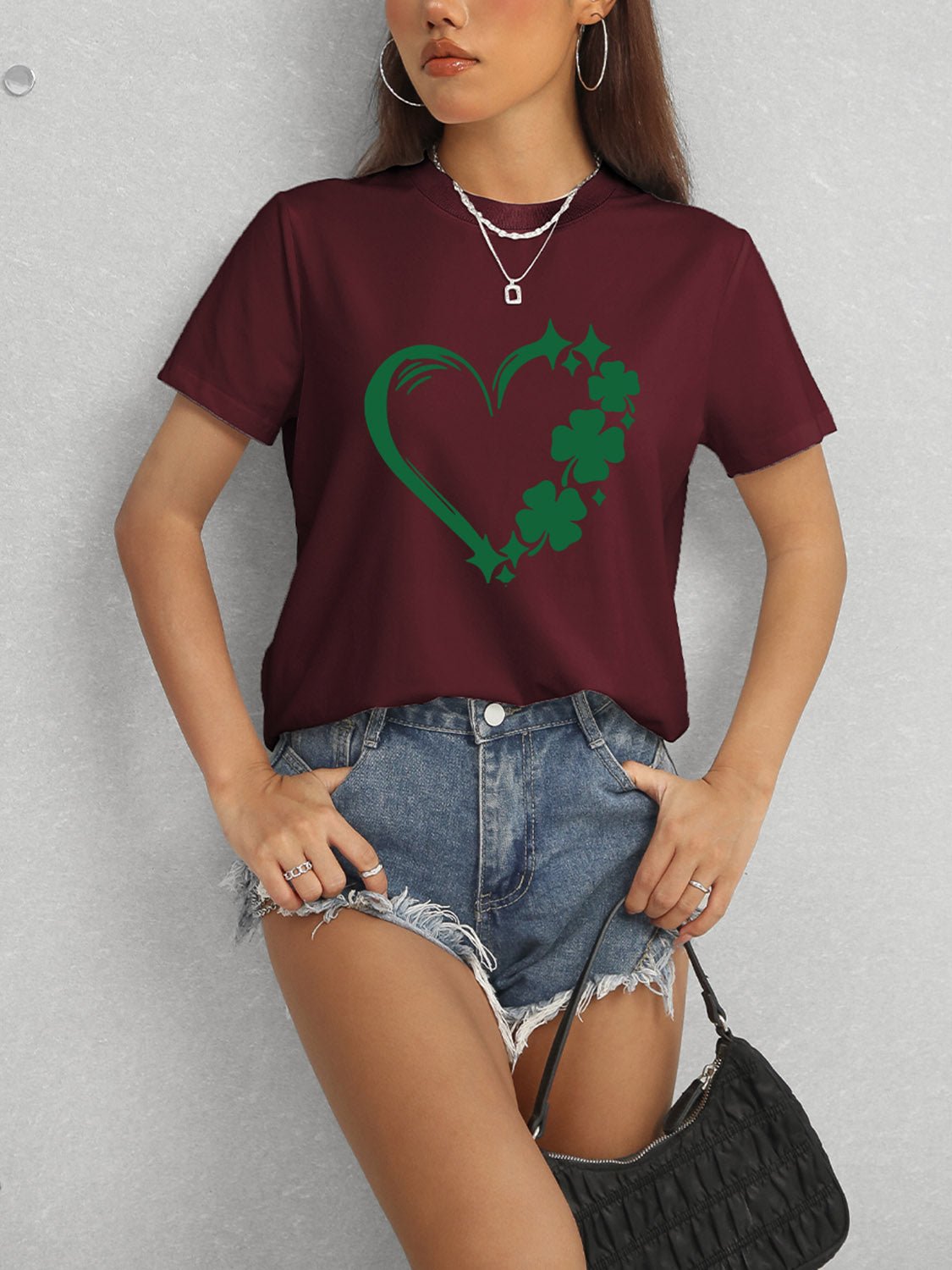 Heart Lucky Clover Round Neck Short Sleeve T-Shirt - Ormond Beach Boutique