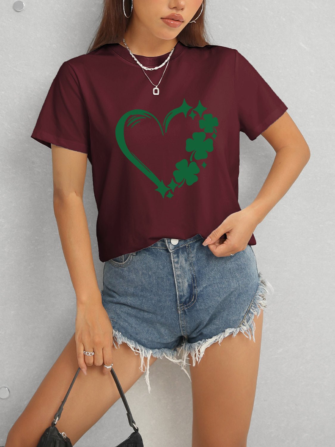 Heart Lucky Clover Round Neck Short Sleeve T-Shirt - Ormond Beach Boutique