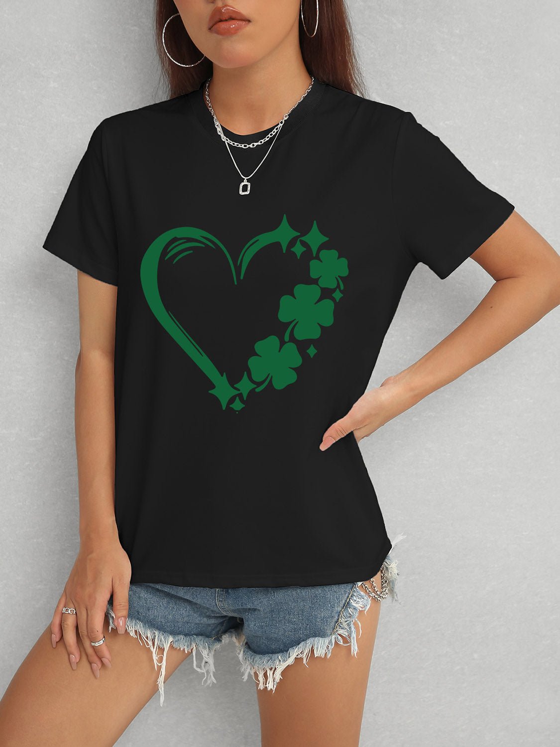 Heart Lucky Clover Round Neck Short Sleeve T-Shirt - Ormond Beach Boutique