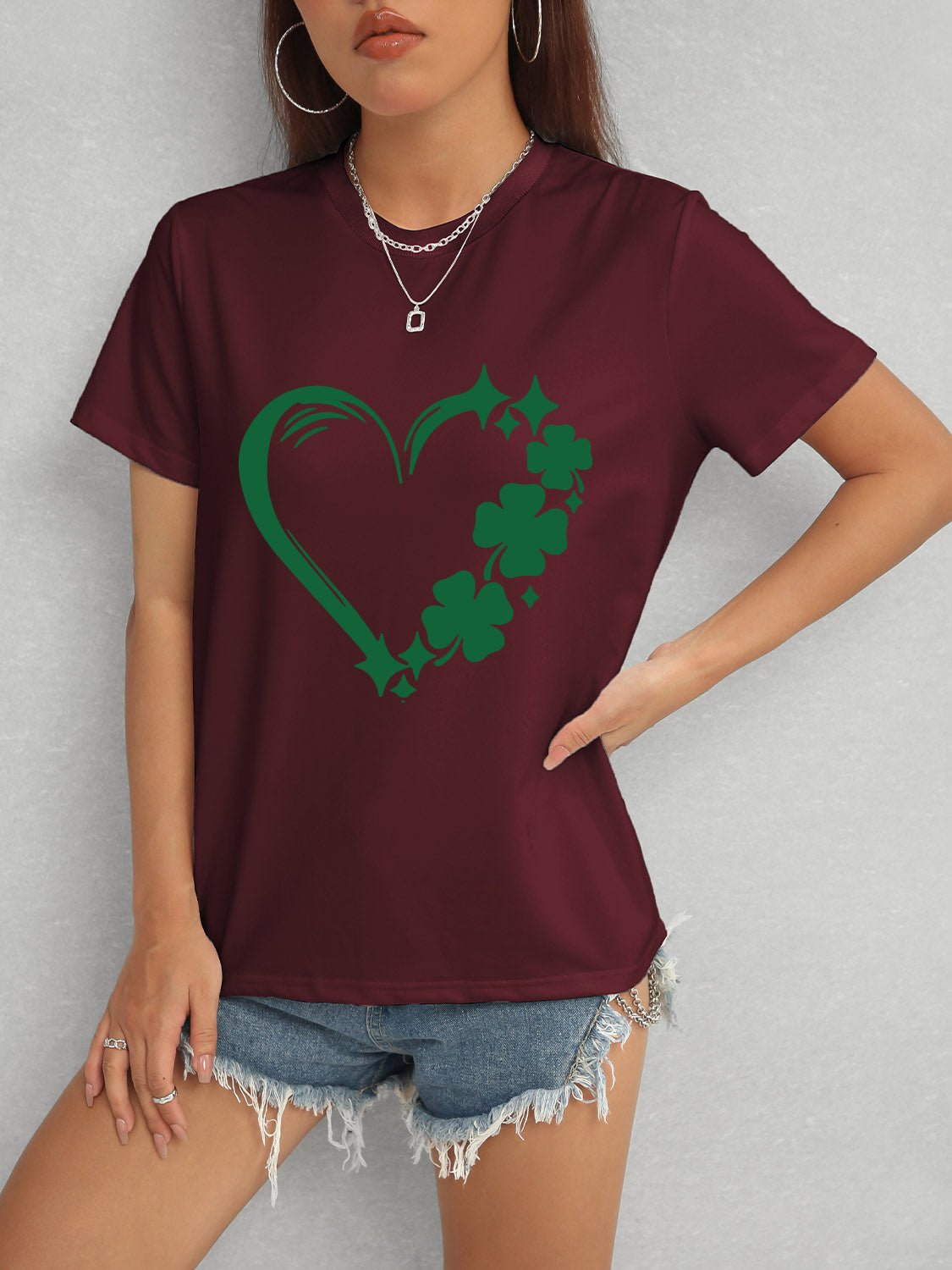 Heart Lucky Clover Round Neck Short Sleeve T-Shirt - Ormond Beach Boutique