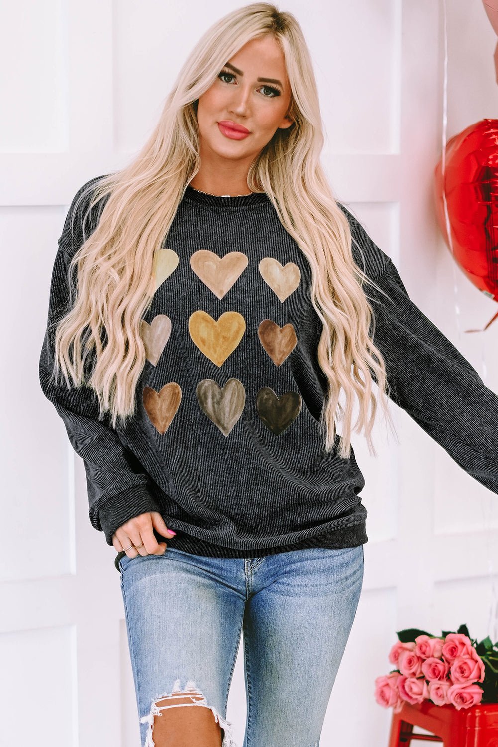 Heart Round Neck Dropped Shoulder Sweatshirt - Ormond Beach Boutique